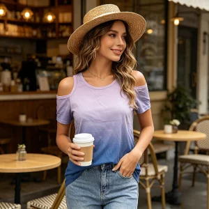 Women's Gradient Tie Dye T-Shirt, Casual Cold Shoulder Short Sleeve Tee, Elegant Loose Fit Blouse for Spring Summer, Daily Wear