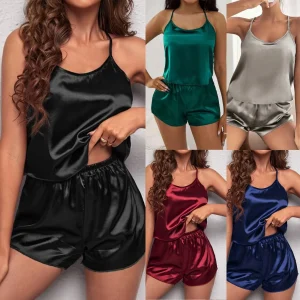 Women's Sexy Silk Satin Ruffled Pajamas Sets Shorts Sets Sleepwear Elegant Nightwear Solid Camis High Waist Vintage Summer