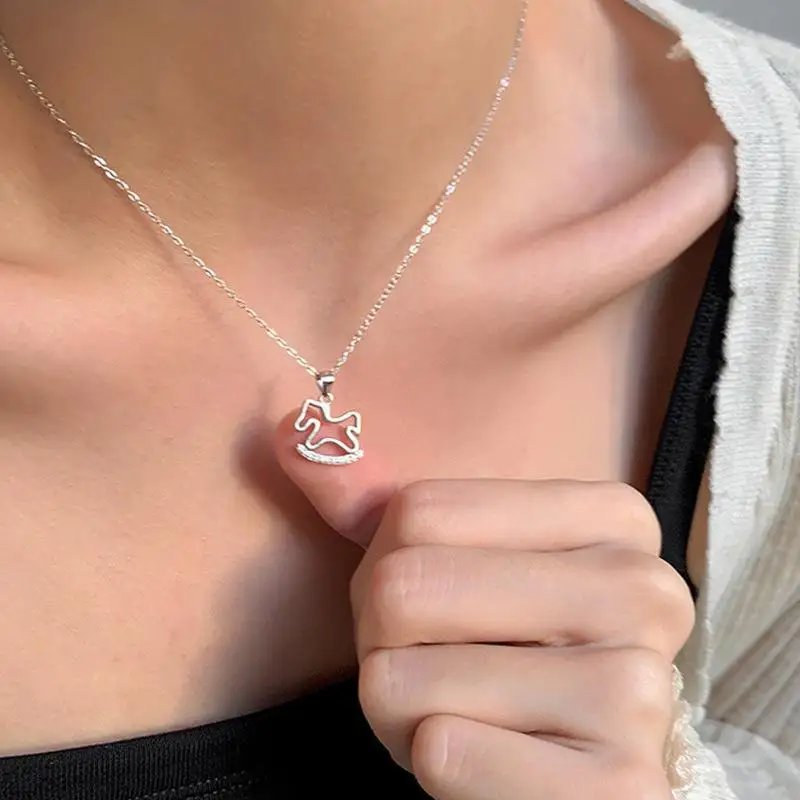 Wooden Horse Pendant Collarbone Chain with Zircon Accessory for Girls - Image 2