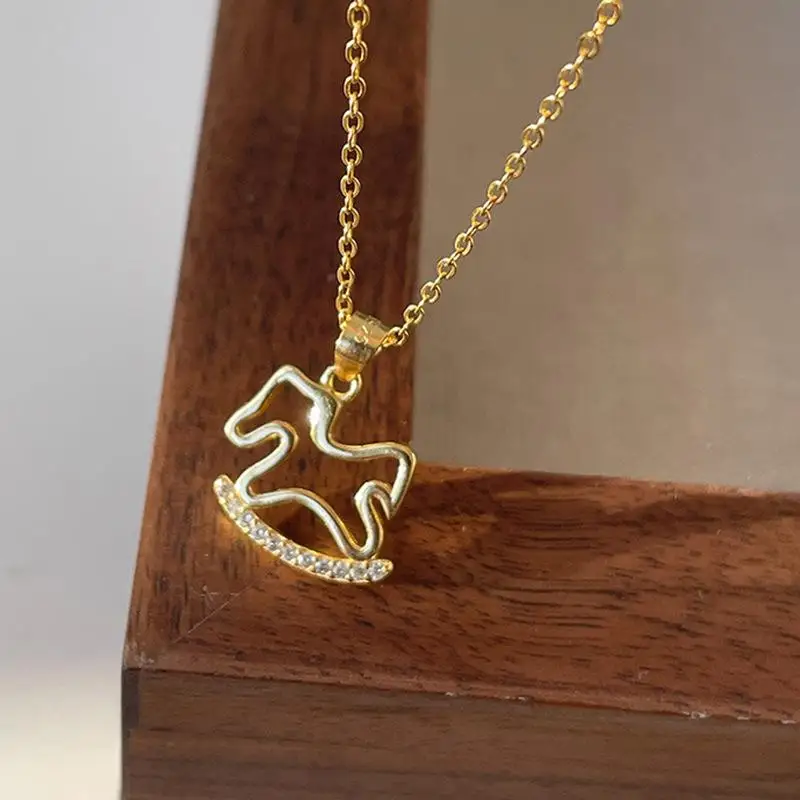 Wooden Horse Pendant Collarbone Chain with Zircon Accessory for Girls - Image 5