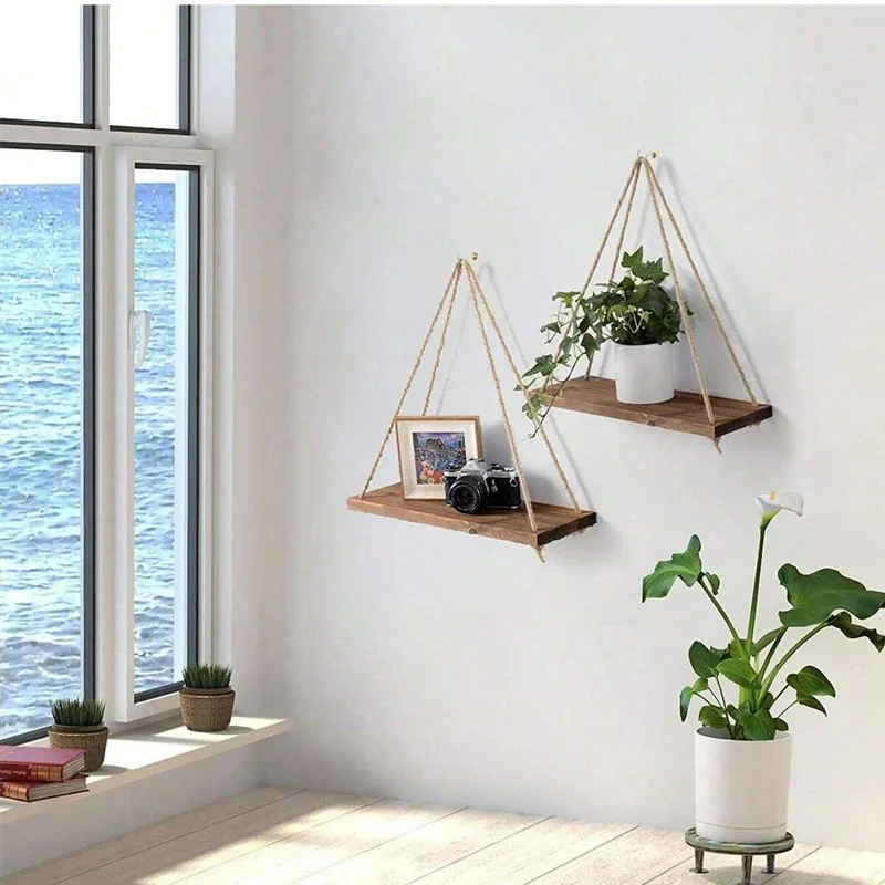 Wooden Swing Hanging Hemp Rope Wall Shelve Mounted Floating Home Living Room Plant Flower Pot Tray Storage Garden Decoration - Image 2