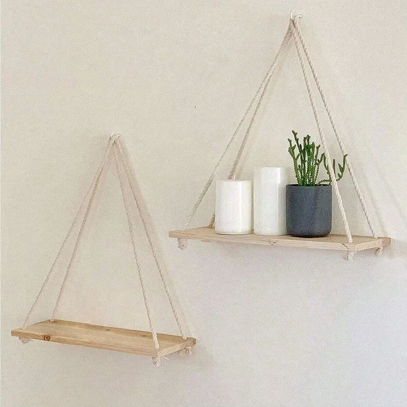 Wooden Swing Hanging Hemp Rope Wall Shelve Mounted Floating Home Living Room Plant Flower Pot Tray Storage Garden Decoration - Image 4