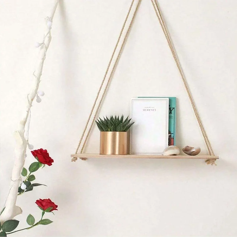 Wooden Swing Hanging Hemp Rope Wall Shelve Mounted Floating Home Living Room Plant Flower Pot Tray Storage Garden Decoration - Image 3