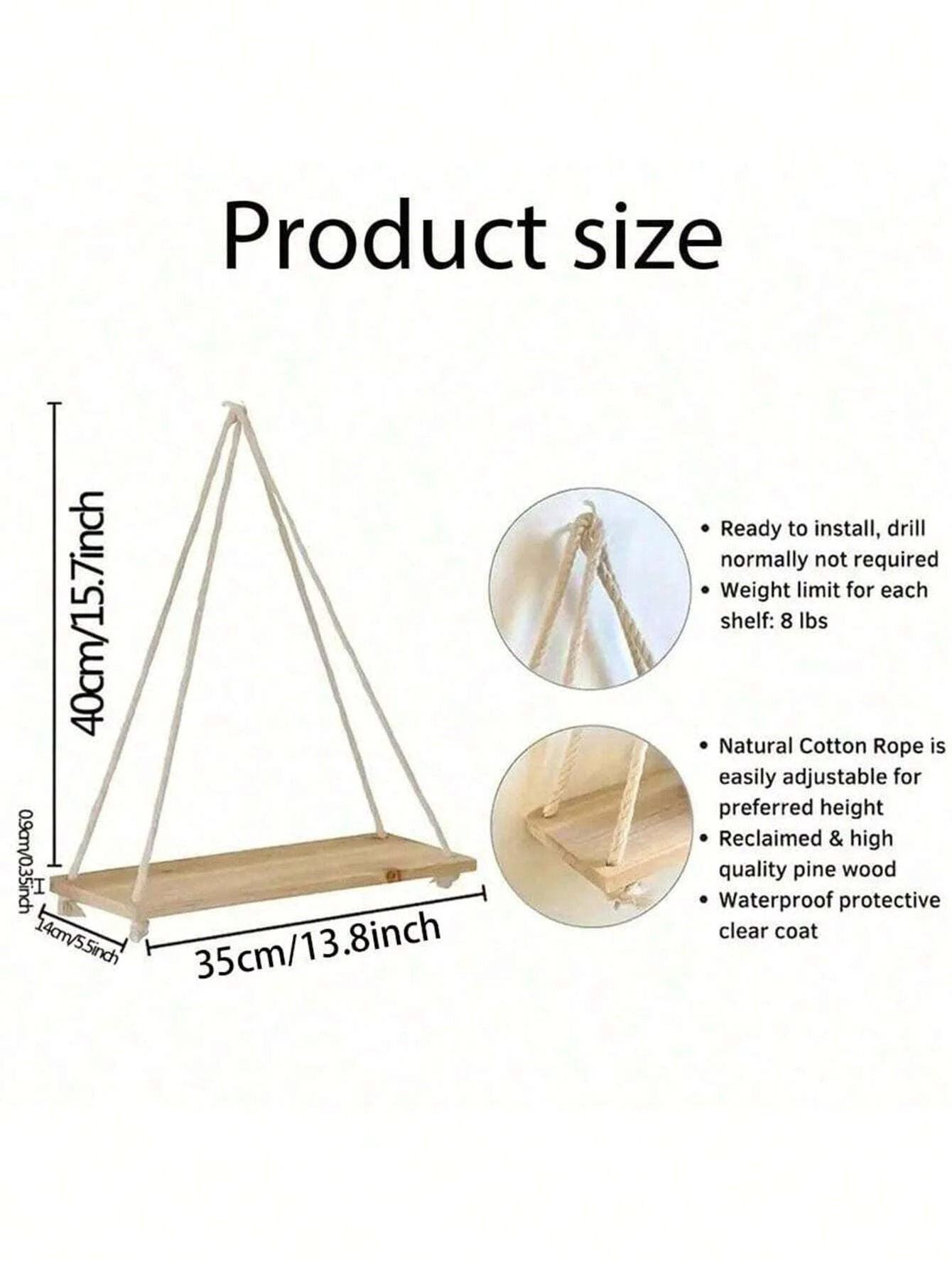 Wooden Swing Hanging Hemp Rope Wall Shelve Mounted Floating Home Living Room Plant Flower Pot Tray Storage Garden Decoration - Image 5