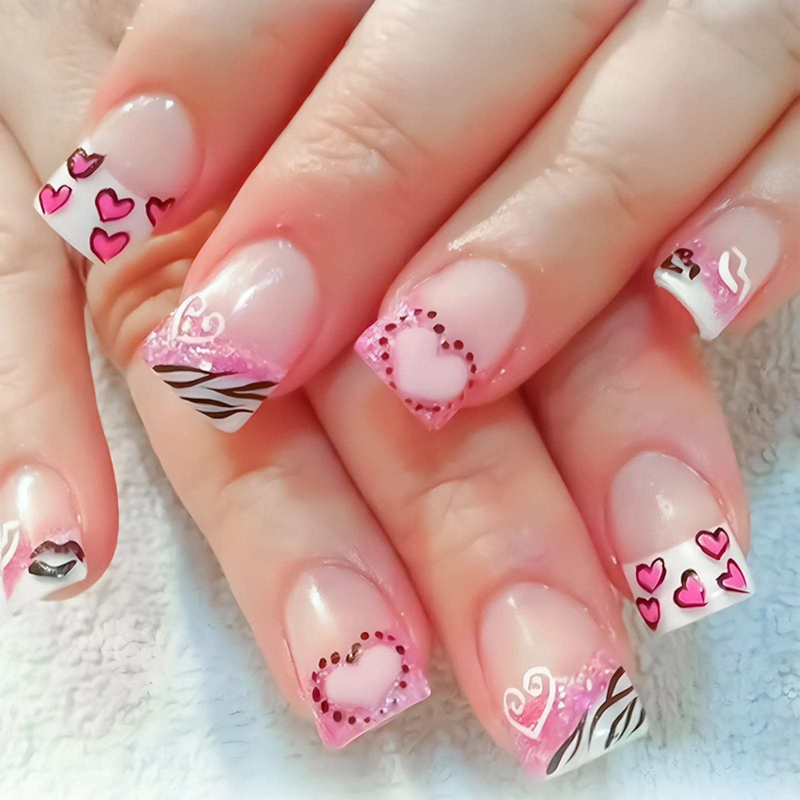 Y2K Girls Black French Fake Nails 24Pcs Short Square Press On Nails Pink Love Heart/Dot Printed Valentine's Day Charm Manicure - Image 2