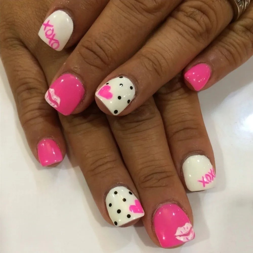Y2K Girls Black French Fake Nails 24Pcs Short Square Press On Nails Pink Love Heart/Dot Printed Valentine's Day Charm Manicure - Image 6