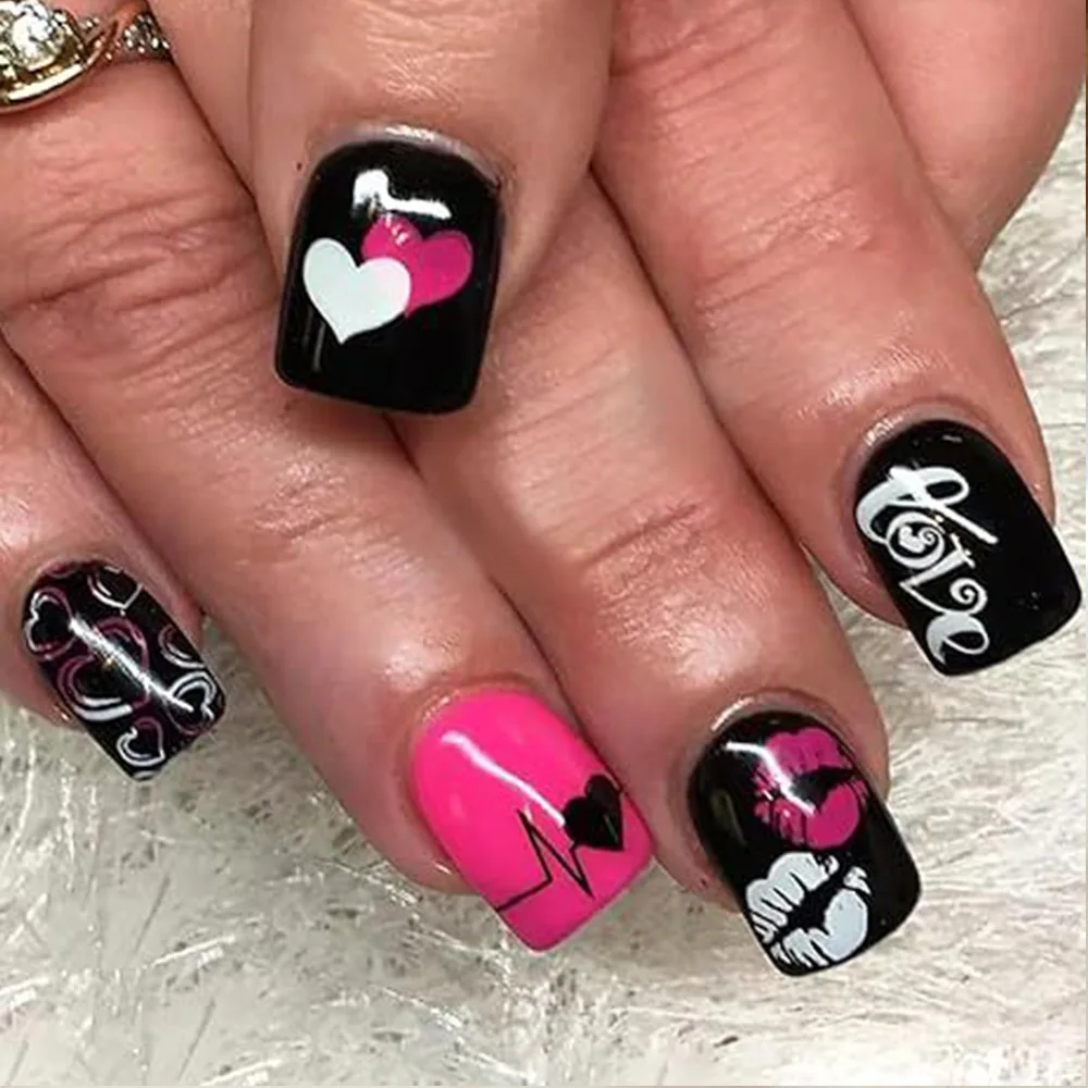 Y2K Girls Black French Fake Nails 24Pcs Short Square Press On Nails Pink Love Heart/Dot Printed Valentine's Day Charm Manicure - Image 3