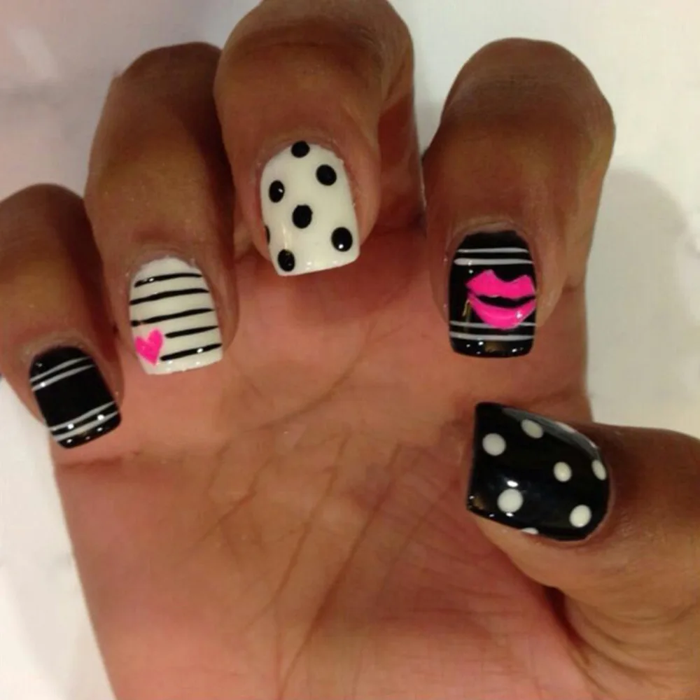 Y2K Girls Black French Fake Nails 24Pcs Short Square Press On Nails Pink Love Heart/Dot Printed Valentine's Day Charm Manicure - Image 4
