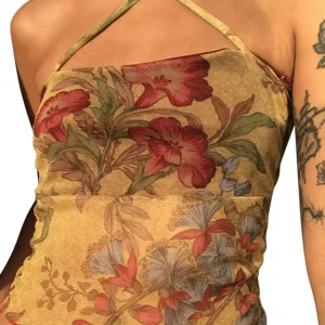 Y2K Mesh Sheer Floral T-shirt Vintage halter Tops Women Sleeveless Slim Fit Crop Top Harajuku Streetwear