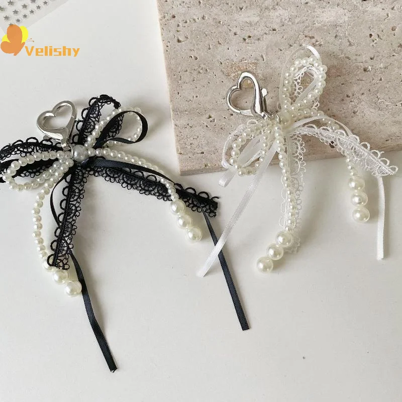 Y2K Sweet Lace Imitation Pearl Bow Keyring Ins Style Bowknot Keychain Trendy Girly Key Holder Bag Pendant Girls Gift - Image 2