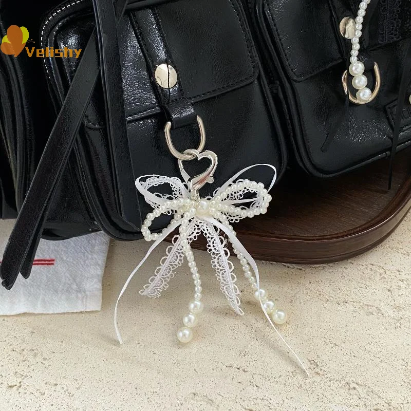 Y2K Sweet Lace Imitation Pearl Bow Keyring Ins Style Bowknot Keychain Trendy Girly Key Holder Bag Pendant Girls Gift - Image 3