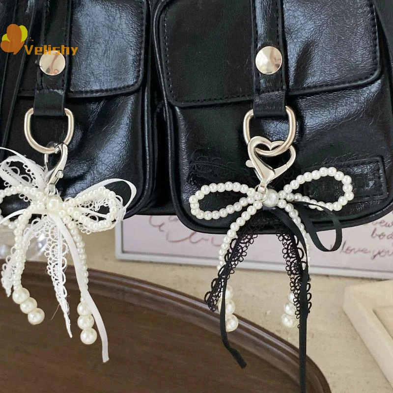 Y2K Sweet Lace Imitation Pearl Bow Keyring Ins Style Bowknot Keychain Trendy Girly Key Holder Bag Pendant Girls Gift