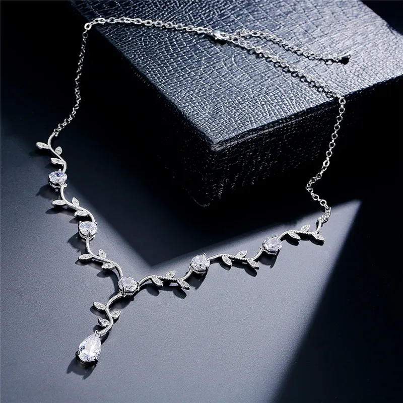 ZAKOL Classic Cubic Zirconia Crystal Bridal Jewelry Sets Elegant Leaf Shape Choker Water Drop Earrings Wedding Dress for Women - Image 4