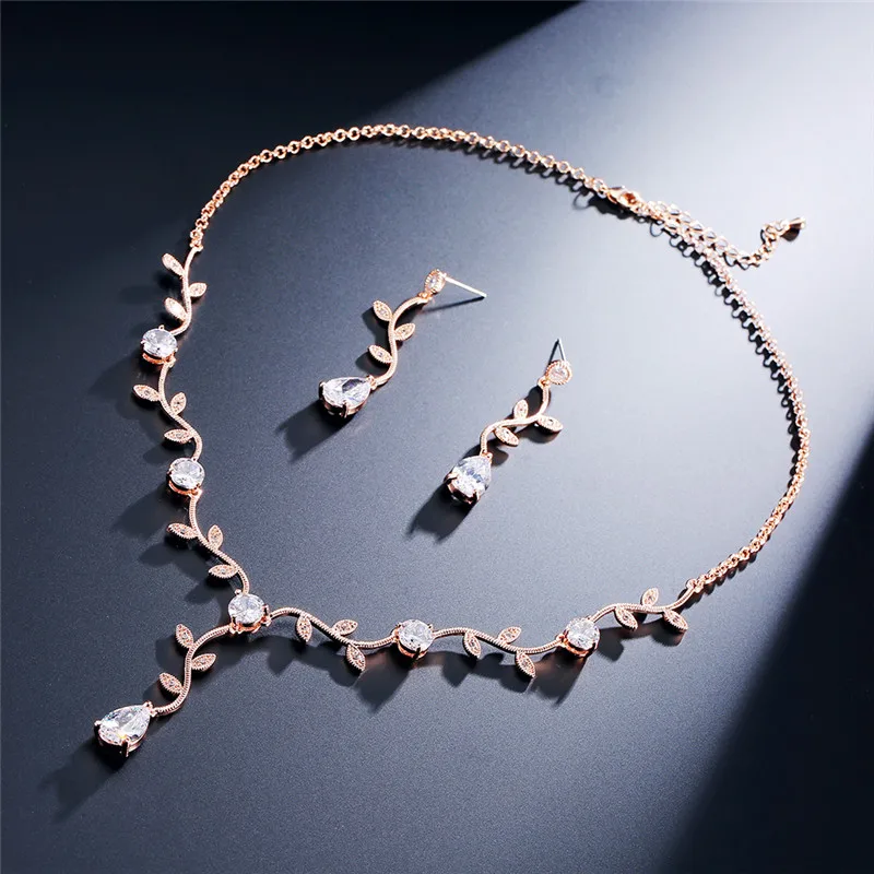 ZAKOL Classic Cubic Zirconia Crystal Bridal Jewelry Sets Elegant Leaf Shape Choker Water Drop Earrings Wedding Dress for Women - Image 2