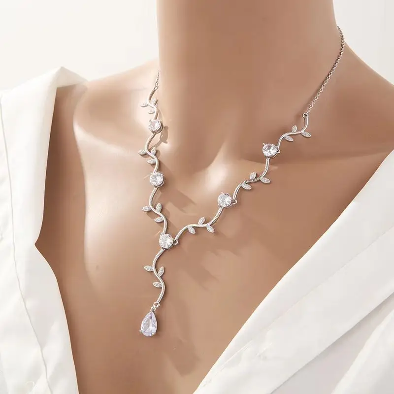 ZAKOL Classic Cubic Zirconia Crystal Bridal Jewelry Sets Elegant Leaf Shape Choker Water Drop Earrings Wedding Dress for Women - Image 3