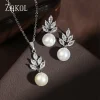 ZAKOL Luxury Zirconia Simulated Pearl Earrings Pendant Necklace Sets for Women Fashion Ceystal Elegant Women Wedding Jewelry