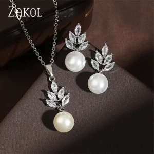 ZAKOL Luxury Zirconia Simulated Pearl Earrings Pendant Necklace Sets for Women Fashion Ceystal Elegant Women Wedding Jewelry