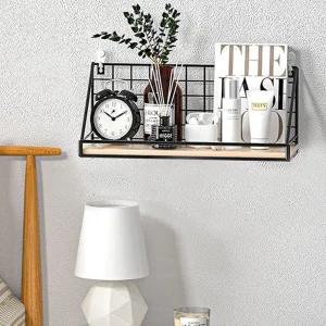 punch-free shelf Grid Art and Photo Racks Hanging Wooden Spice Jar Storage Shelf Wall Kitchen Organizer Metal Mounted Shelves
