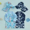 0-3Y Toddler Boy Long Sleeve Swimsuit Shark Print Half Zipper Non-Pilling Rash Guard Swimwear Sunhat Set 2025 New
