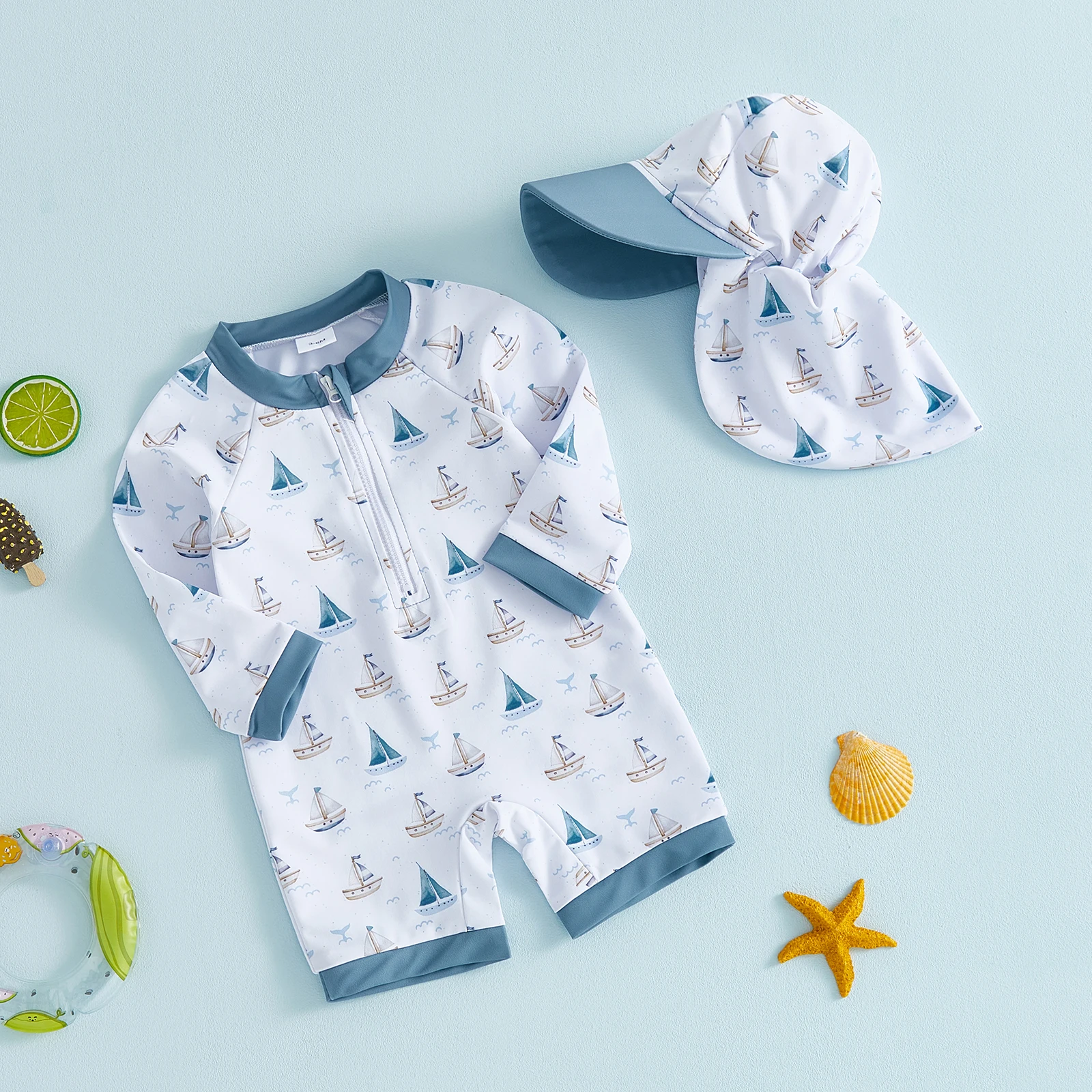 0-5Y Toddler Boy Swimsuit Set Adorable Sailboat Print Long Sleeve Round Neck Jumpsuit and Hat Set for Pool Beach - Image 2