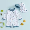 0-5Y Toddler Boy Swimsuit Set Adorable Sailboat Print Long Sleeve Round Neck Jumpsuit and Hat Set for Pool Beach