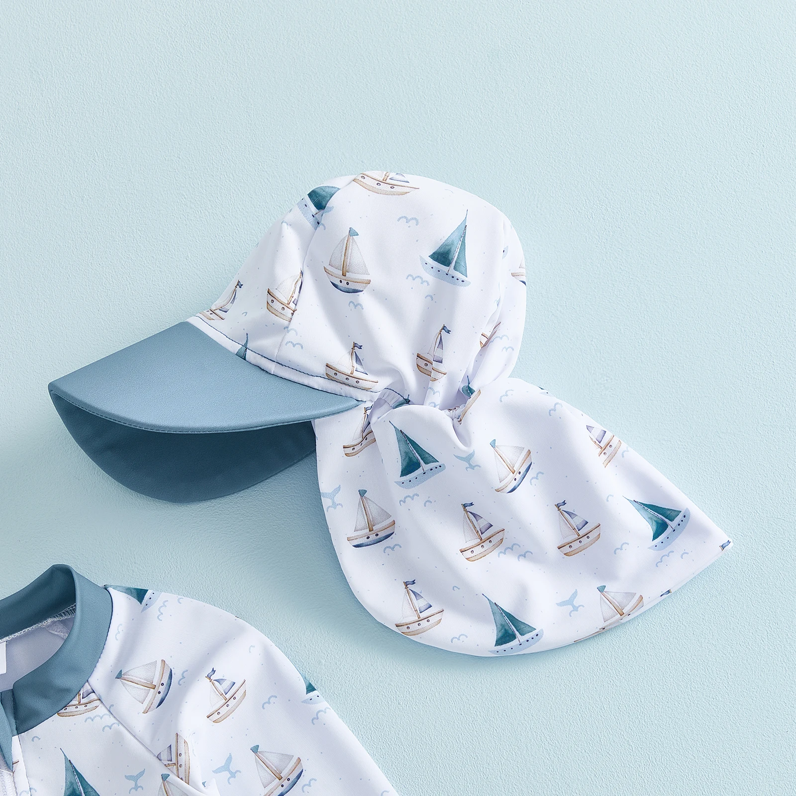 0-5Y Toddler Boy Swimsuit Set Adorable Sailboat Print Long Sleeve Round Neck Jumpsuit and Hat Set for Pool Beach - Image 5