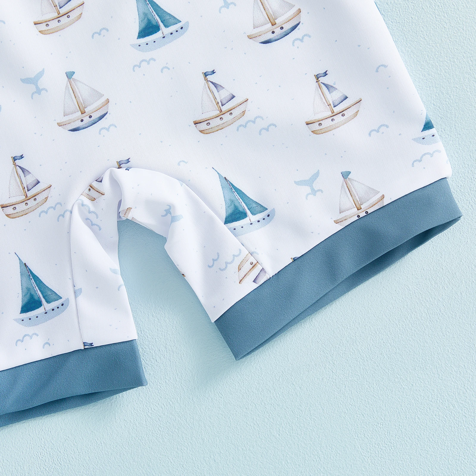 0-5Y Toddler Boy Swimsuit Set Adorable Sailboat Print Long Sleeve Round Neck Jumpsuit and Hat Set for Pool Beach - Image 3