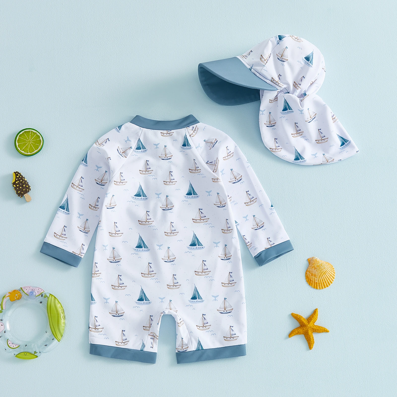 0-5Y Toddler Boy Swimsuit Set Adorable Sailboat Print Long Sleeve Round Neck Jumpsuit and Hat Set for Pool Beach - Image 4