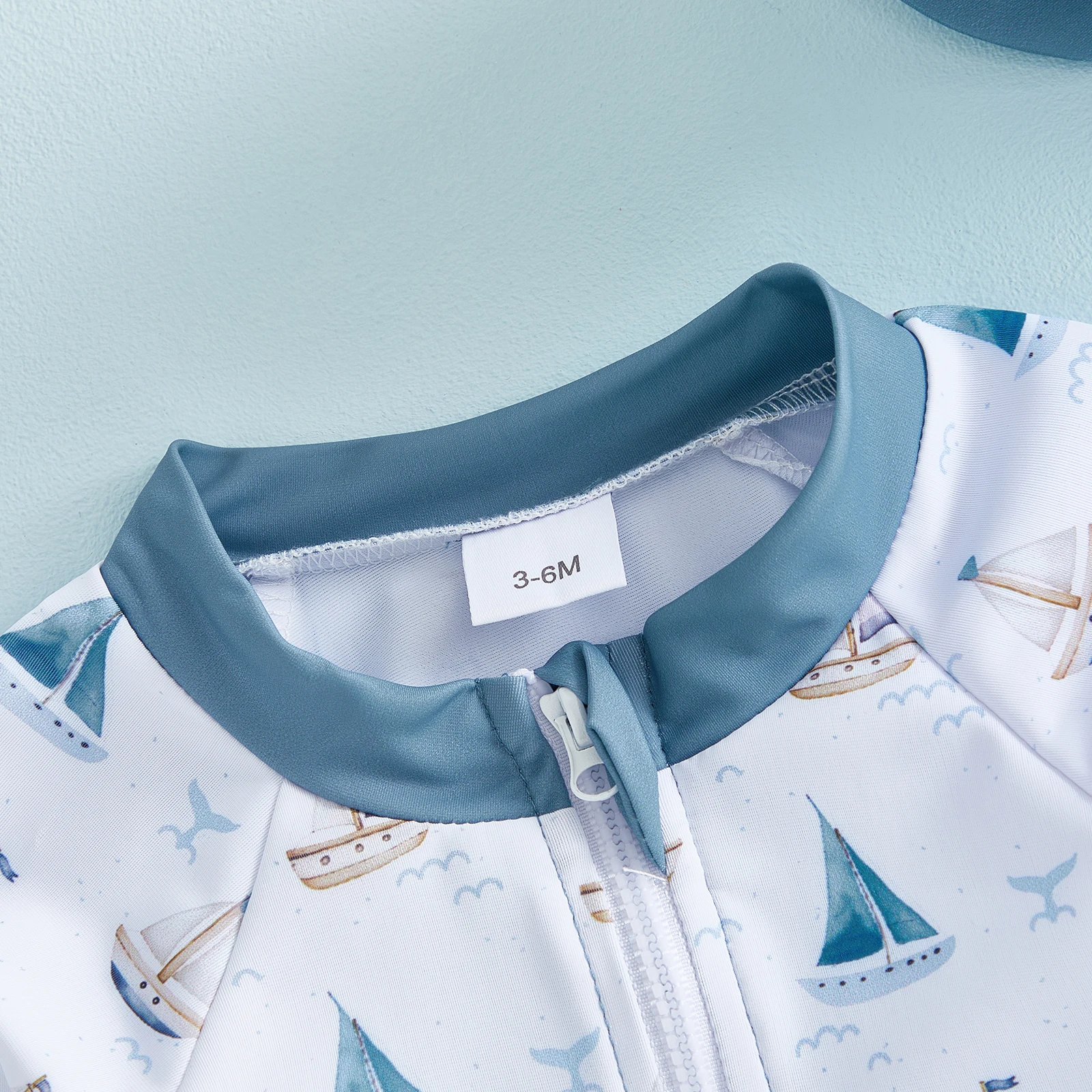 0-5Y Toddler Boy Swimsuit Set Adorable Sailboat Print Long Sleeve Round Neck Jumpsuit and Hat Set for Pool Beach - Image 6