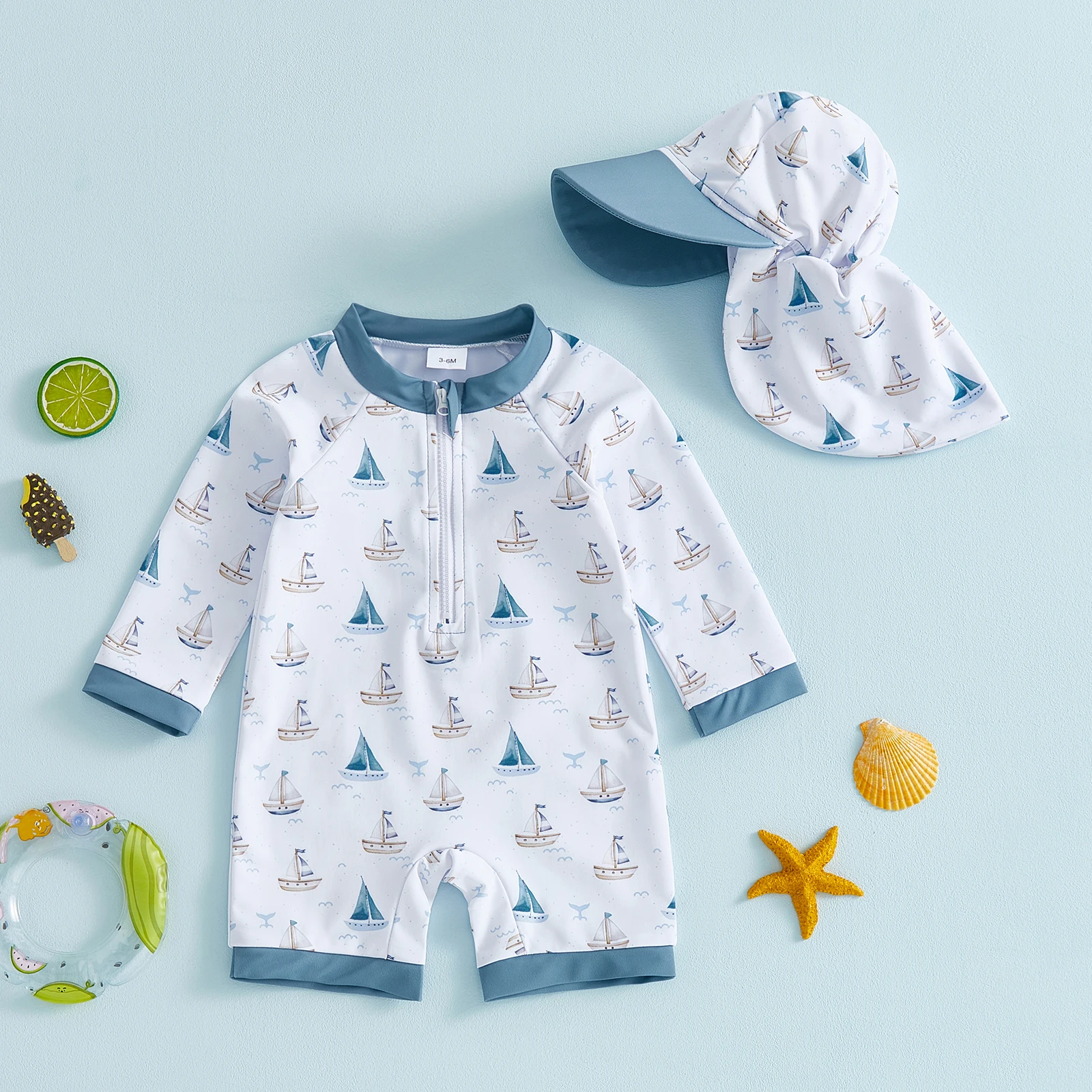 0-5Y Toddler Boy Swimsuit Set Adorable Sailboat Print Long Sleeve Round Neck Jumpsuit and Hat Set for Pool Beach