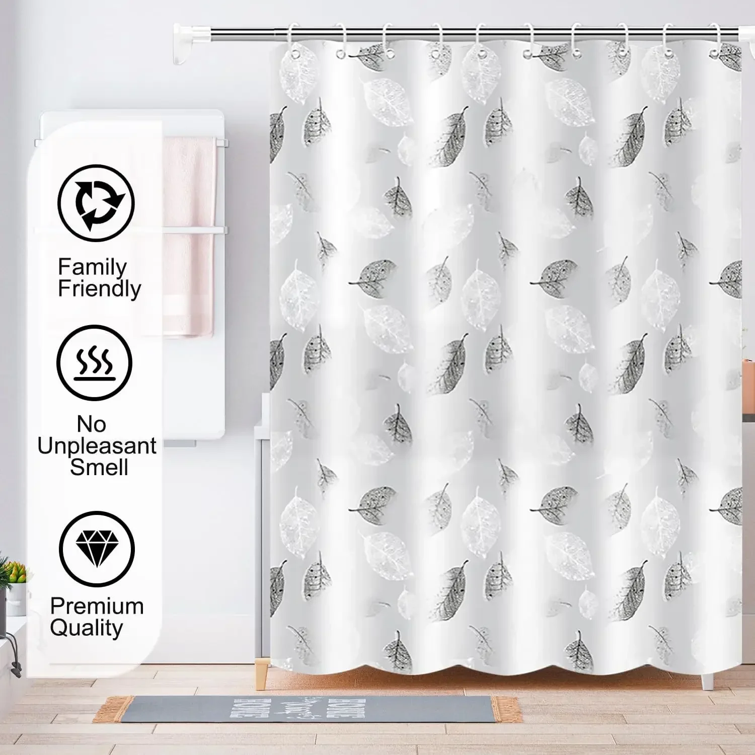 1 PC Lightweight Black Leaf Pattern Shower Curtain PEVA Plastic Waterproof Bathroom Curtain Bathroom Partition for Home - Image 4