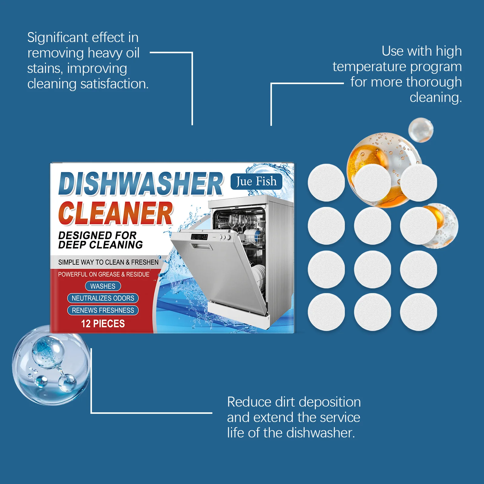 12pieces Dishwasher Cleaner Tablets - Powerful Degreasing & Descaling, Removes Limescale, Household Cleaning Supplies - Image 2