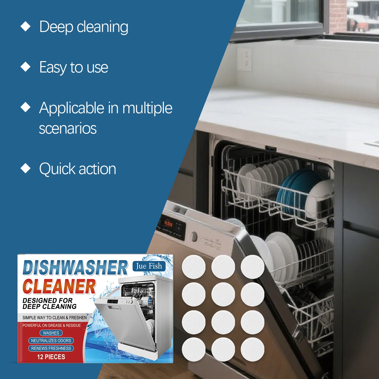 12pieces Dishwasher Cleaner Tablets - Powerful Degreasing & Descaling, Removes Limescale, Household Cleaning Supplies - Image 3