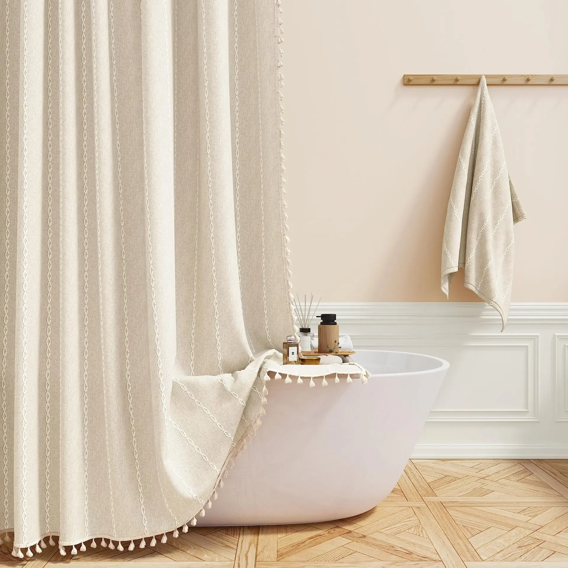 1PC Grid Tassel Shower Curtain Bathroom Decoration Waterproof Washable Fabric Bathtub Deluxe Standard Shower Curtain Sets - Image 2