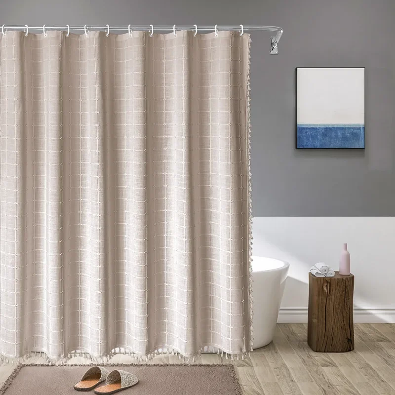 1PC Grid Tassel Shower Curtain Bathroom Decoration Waterproof Washable Fabric Bathtub Deluxe Standard Shower Curtain Sets - Image 3