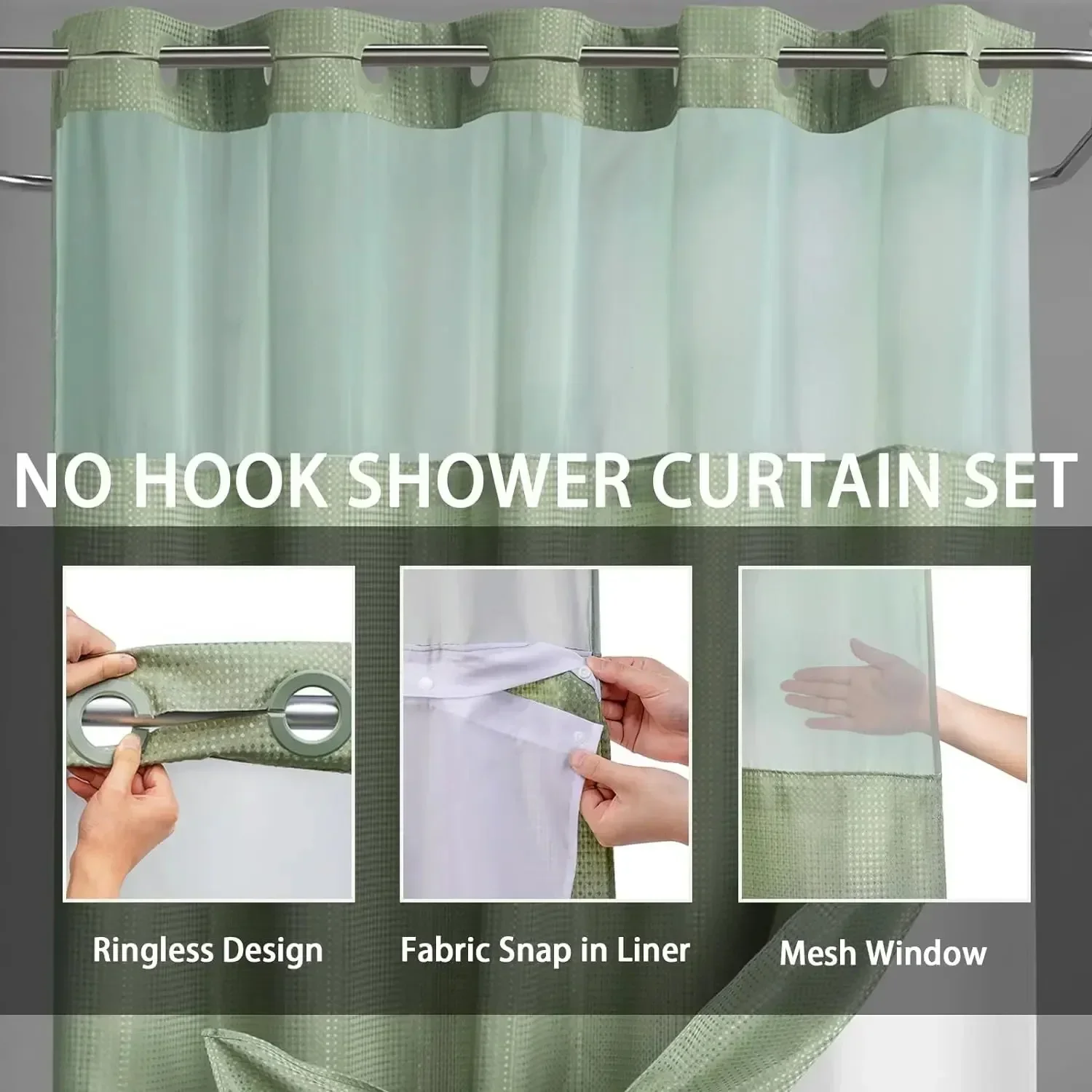 1PC Hookless Shower Curtain Set Double (with Liner) Removable White Waffle Shower Curtain Bathroom Decor Multiple Color Options - Image 2