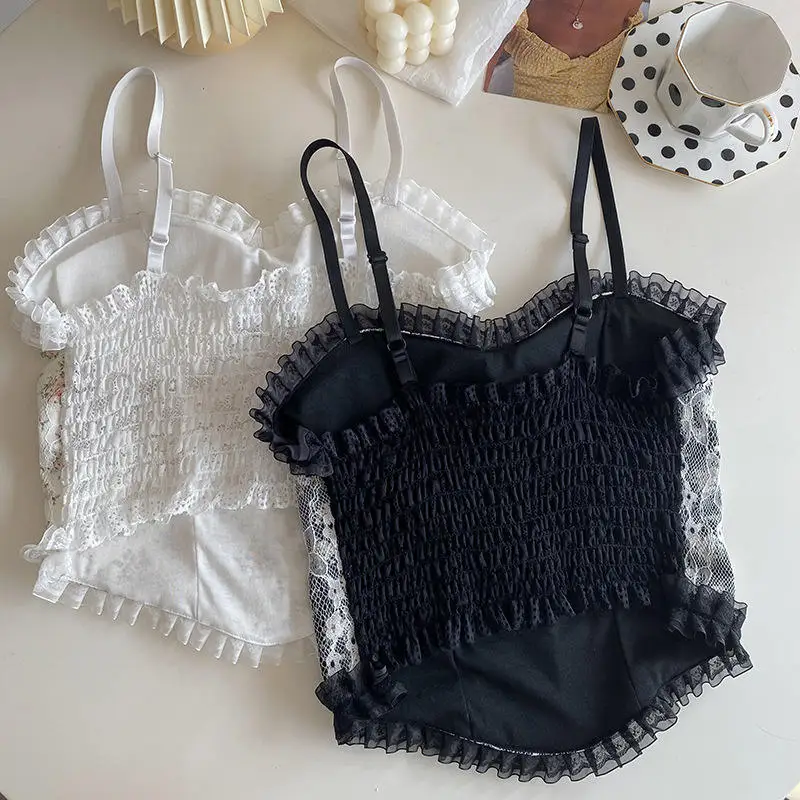 1PC Women's Camisole Summer French Lace Floral Ruffle No Steel Ring With Chest Pad Girl Bottoming Shirt Tank Top - Image 2
