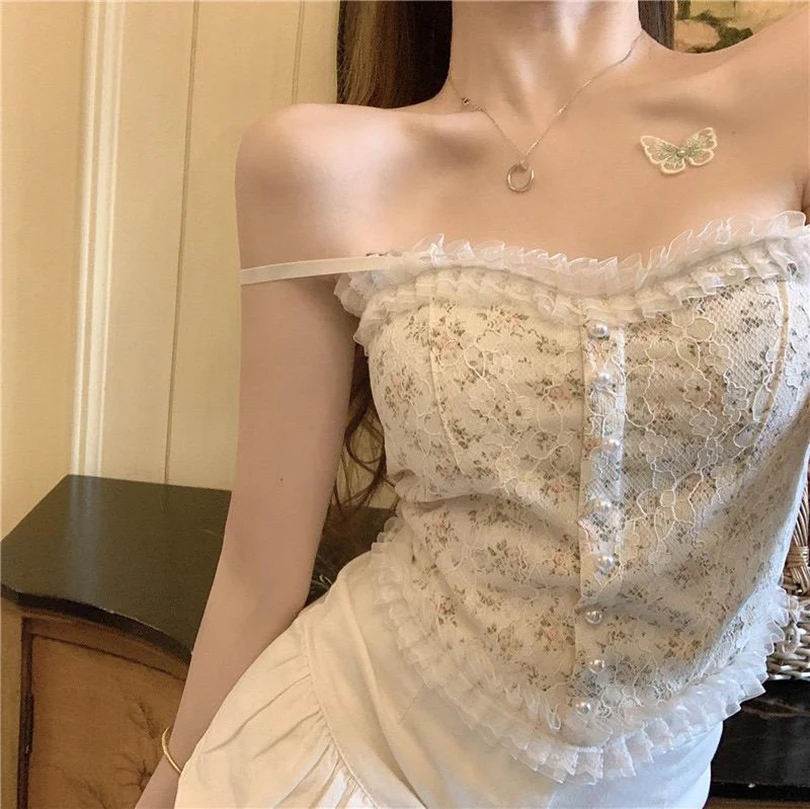 1PC Women's Camisole Summer French Lace Floral Ruffle No Steel Ring With Chest Pad Girl Bottoming Shirt Tank Top - Image 3