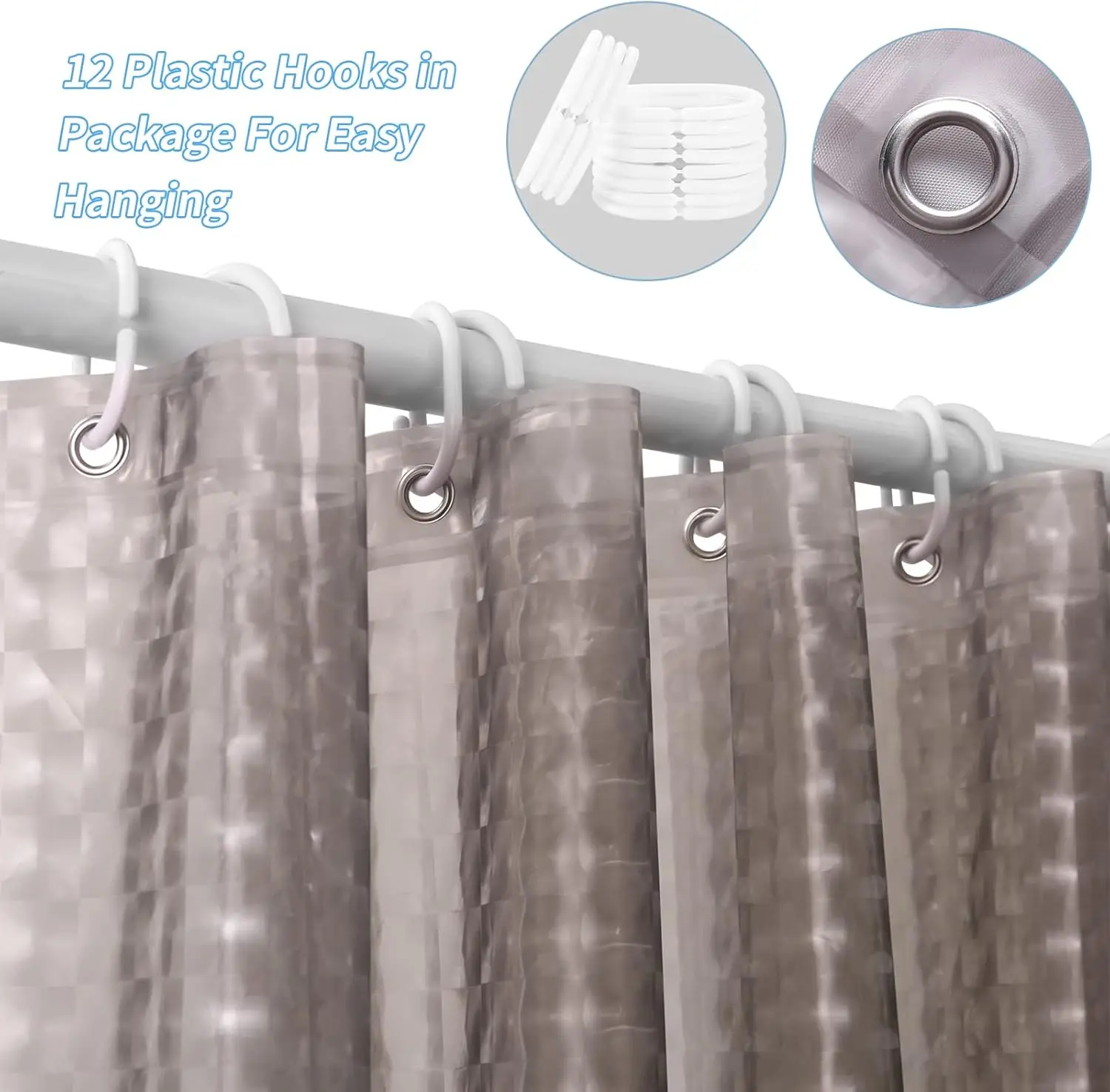 1Pc Gray Crystal Shower Curtain with Bottom Magnets & Hooks, Plastic Transparent Bath Curtain Liner Bathroom Accessories - Image 3