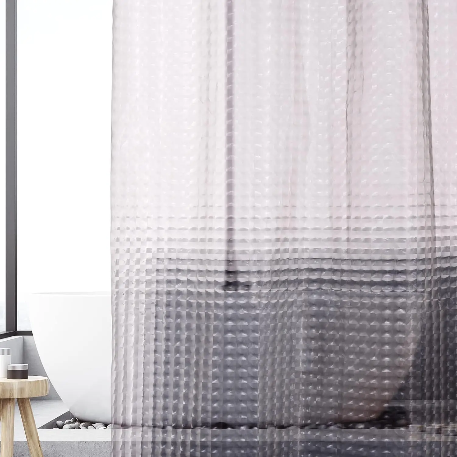 1Pc Gray Crystal Shower Curtain with Bottom Magnets & Hooks, Plastic Transparent Bath Curtain Liner Bathroom Accessories - Image 4