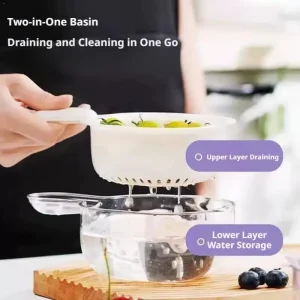 2-in-1 Dual Layer Kitchen Draining Basket with Handle Portable Berry & Tomato Washer Plastic Fruit Washing Bowl Container