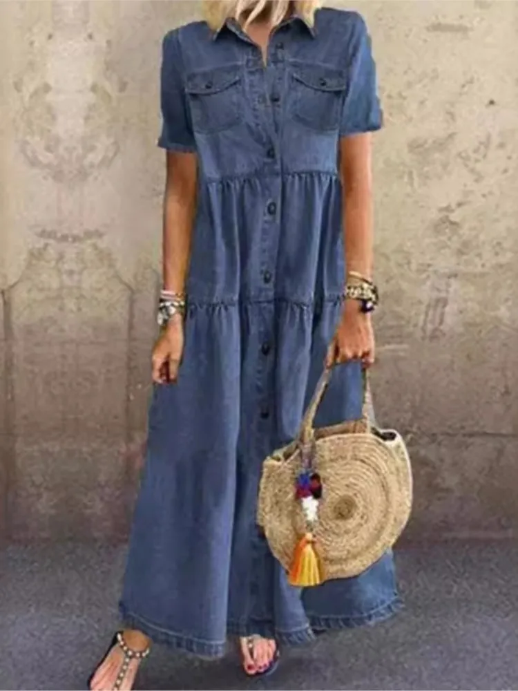 2024 Spring Summer Women's New Fashionable Cowboy Style Long Style Multi Button Vintage Collar Casual Comfortable Dress - Image 2