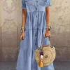 2024 Spring Summer Women's New Fashionable Cowboy Style Long Style Multi Button Vintage Collar Casual Comfortable Dress