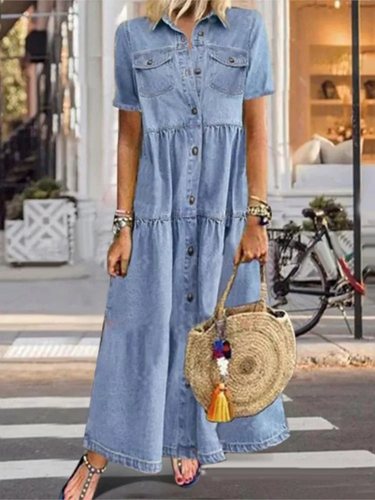 2024 Spring Summer Women's New Fashionable Cowboy Style Long Style Multi Button Vintage Collar Casual Comfortable Dress - Image 3