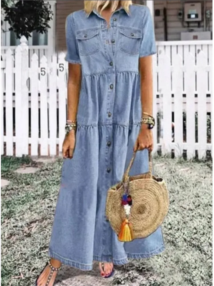 2024 Spring Summer Women's New Fashionable Cowboy Style Long Style Multi Button Vintage Collar Casual Comfortable Dress - Image 4
