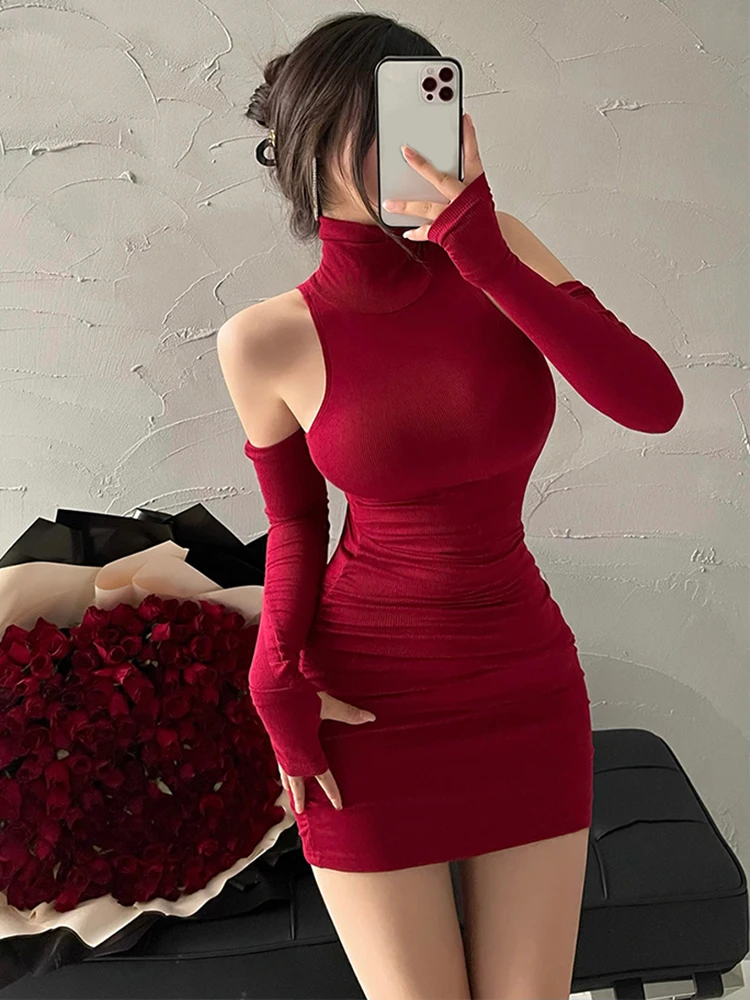 2025 New Women's Mini Dress Sleeveless Pleated Skinny Dress High Neck Lace Up Autumn Black Tight Elastic Party Tank Dresses