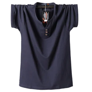2025 Summer Men T Shirt Button Slim Fit Fashion Cotton Short Sleeve T Shirts Men V Neck Casual T-Shirt Solid 6xl 7xl 8xl Tee Top