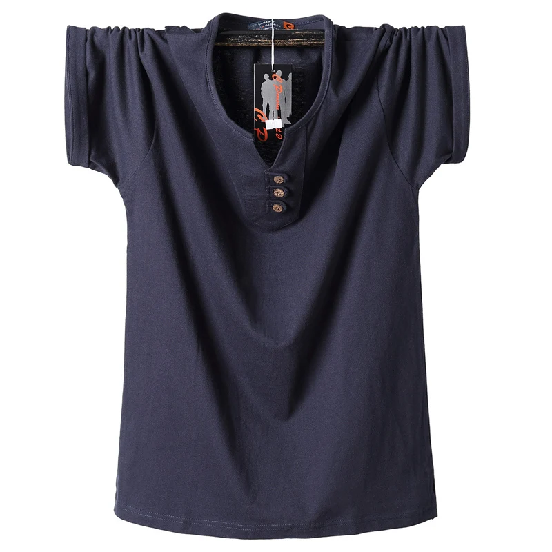 2025 Summer Men T Shirt Button Slim Fit Fashion Cotton Short Sleeve T Shirts Men V Neck Casual T-Shirt Solid 6xl 7xl 8xl Tee Top