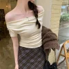 2025 Summer T Shirt Women Straight Short Sleeve Slim Off-Shoulder Crop Top Tide Swing Collar Tee Shirts Y2K Sexy Woman Clothes