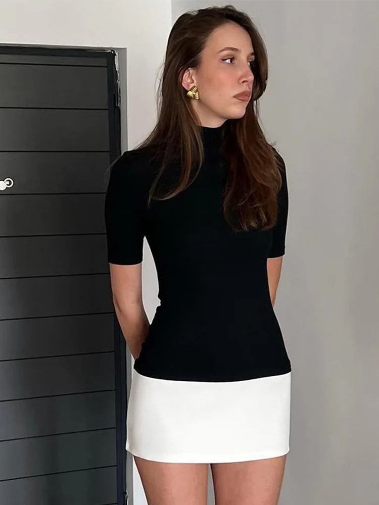 2025 Turtleneck Half Sleeve Mini Dresses French Style Fashion Elegant Black And White Patchwork Bodycon Dress - Image 2